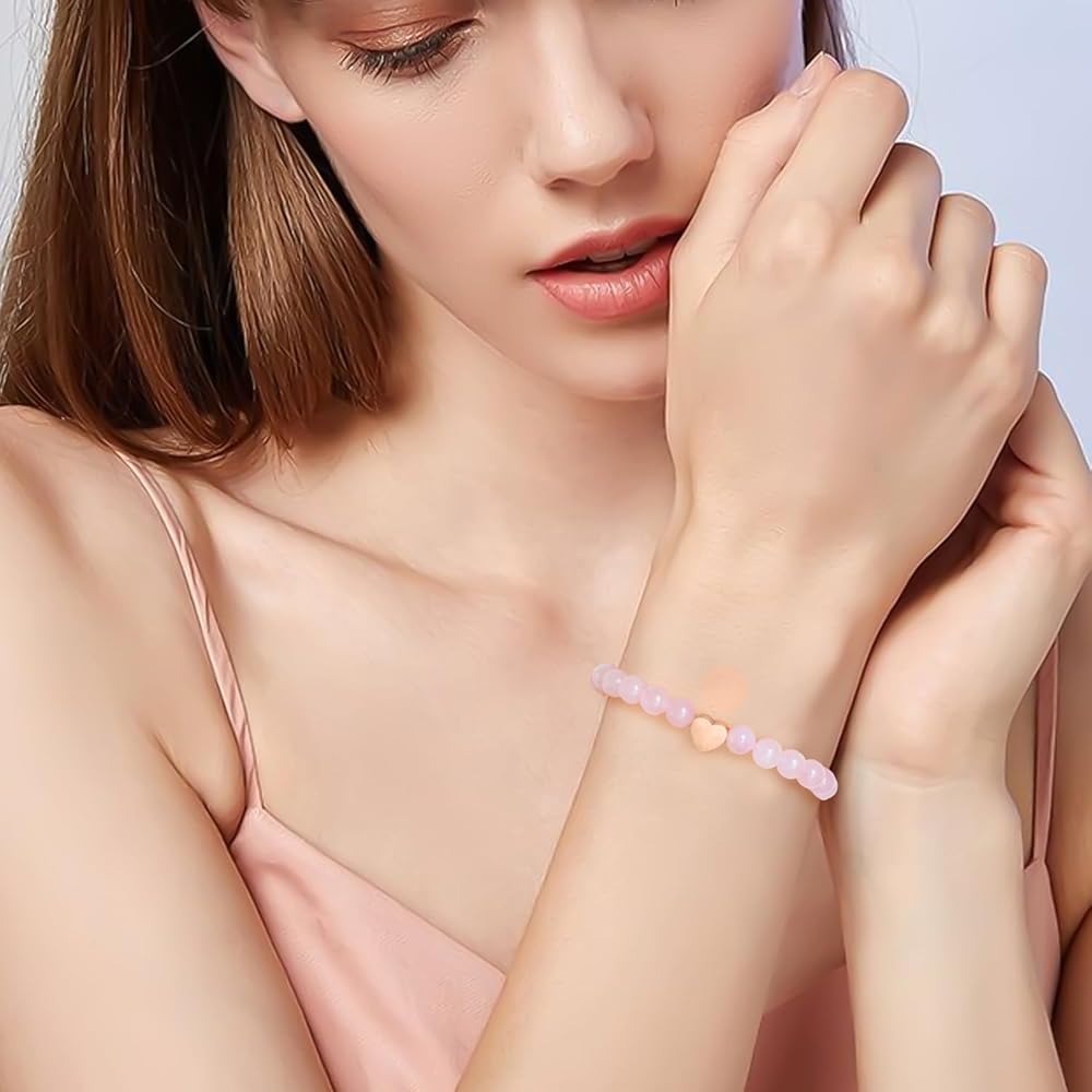 Bracciale in vero quarzo rosa, perle 8 mm, cuore in acciaio inox