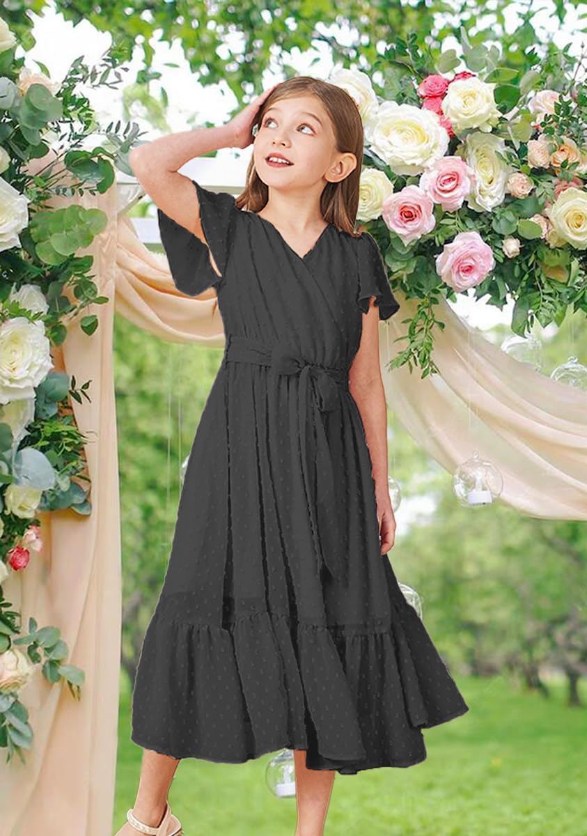 Girls Spring Dresses Bohemian Flying Cap Sleeve V Neck Belt Calf 2026 Long Maxi Pleated Flowy Dress for Girl - Image 3