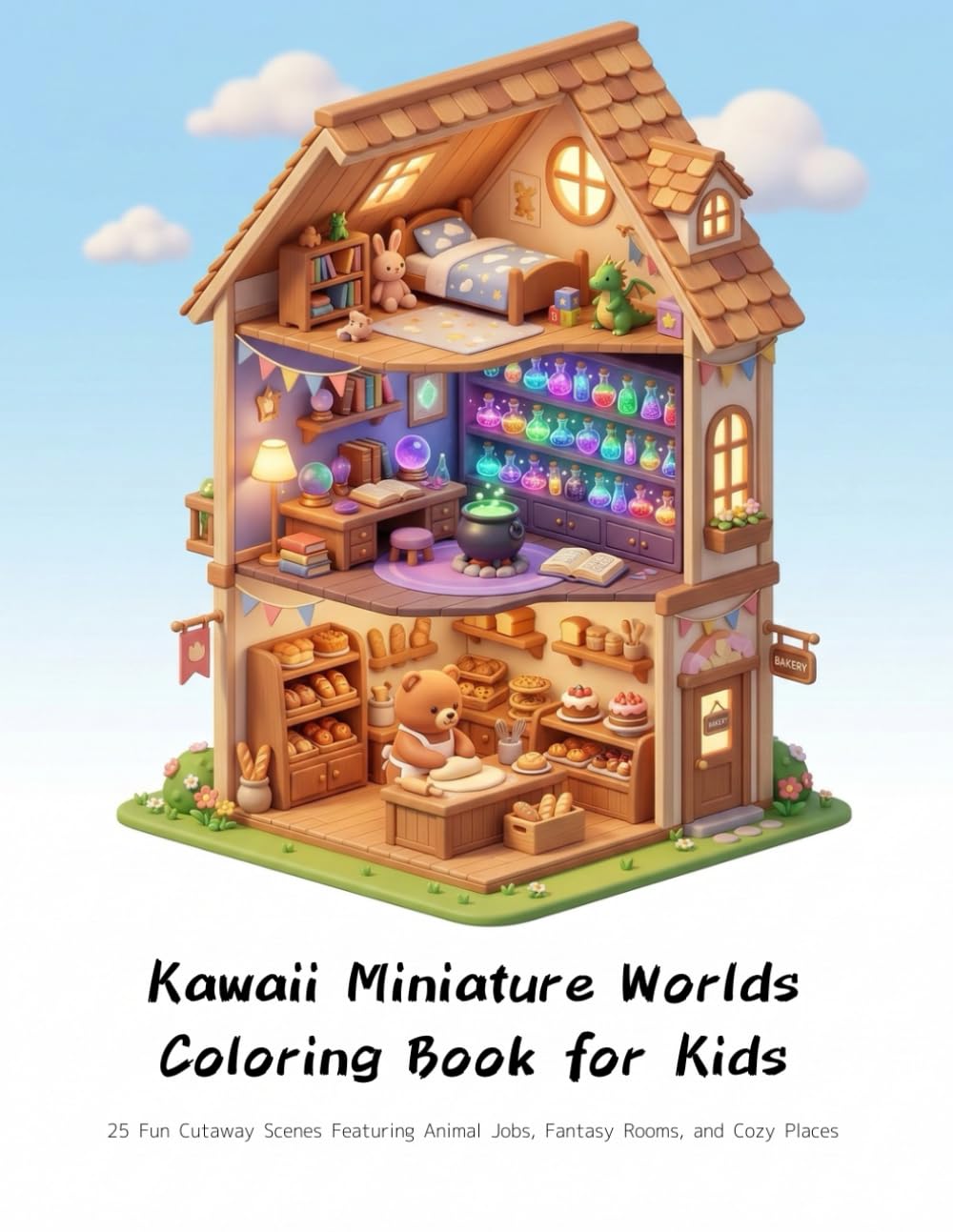 Kawaii Miniature Worlds Coloring Book for Kids: 25 Fun Cutaway Scenes Featuring Animal Jobs, Fantasy Rooms, and Cozy Places
