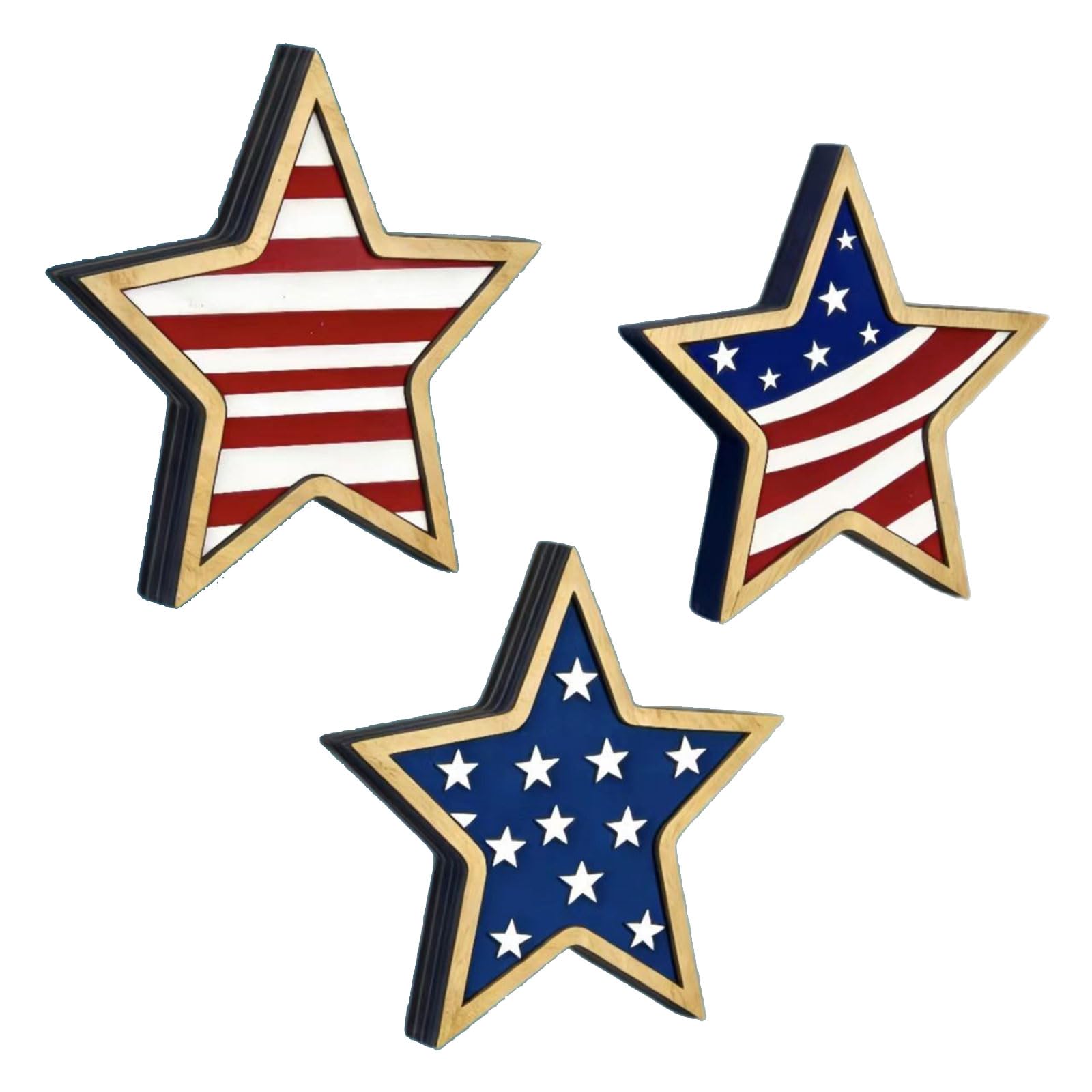 Kaeltsyn Farmhouse Inspired Stackable Wood Star Decorations 3PCS in Red White and Blue for Festive Occasions Themed Ornaments