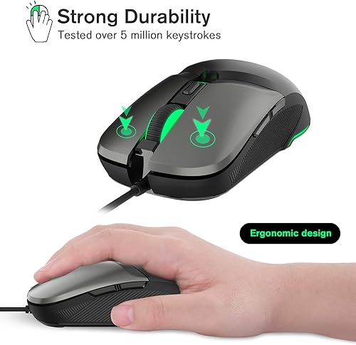 Miniatura 3 de RaceGT Ratón para juegos con cable, ratón óptico USB para computadora con alta precisión ajustable hasta 8000 DPI, mouse USB ergonómico para