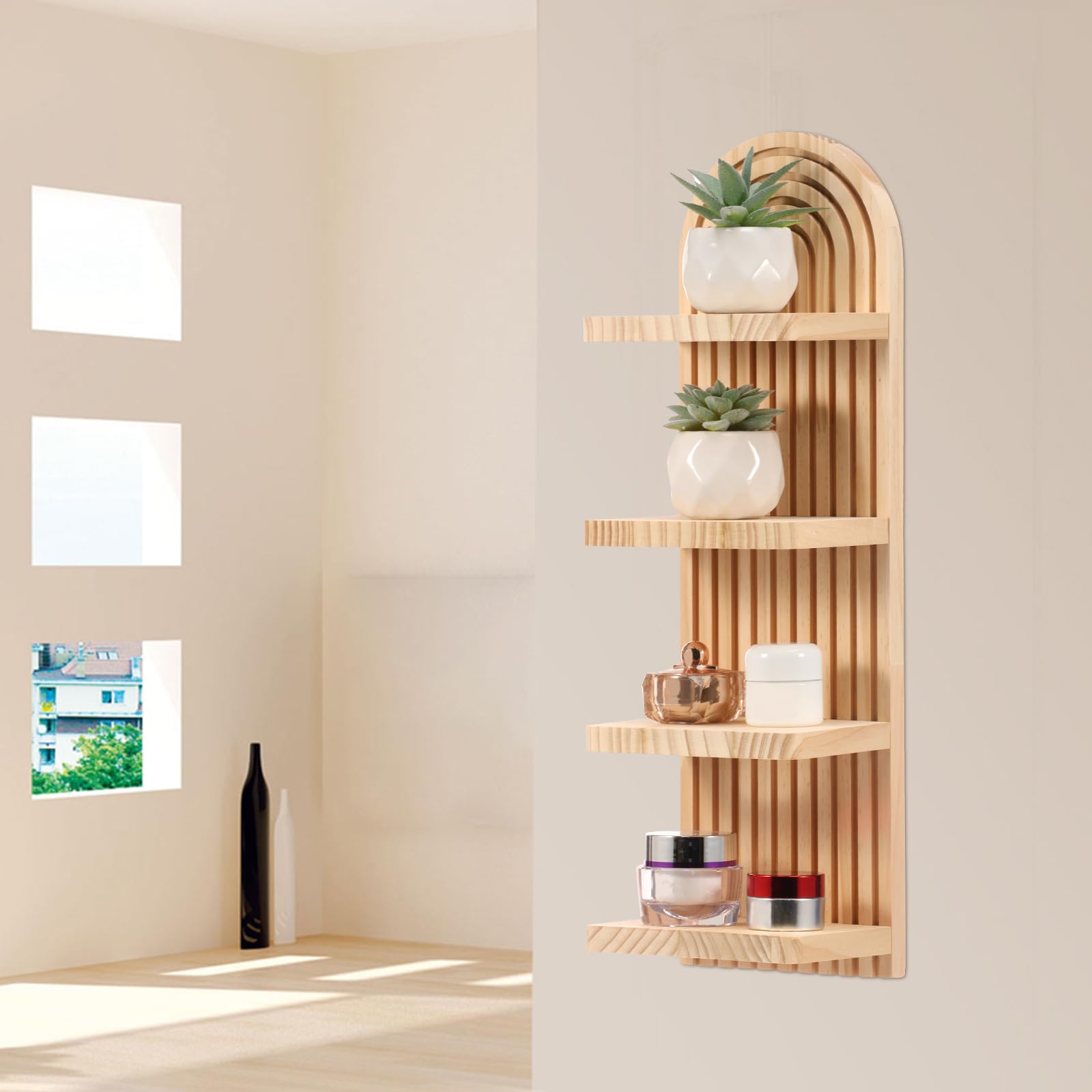 QINGLANG Boho Shelf Wall Decor Wood 4 Tier Wall Hanging Shelves Rustic Bohemian Arched Striped Wood Panels with Floating Shelves for Bedroom Bathroom Living Room Nursery Dorm Room 48x14.5x11cm