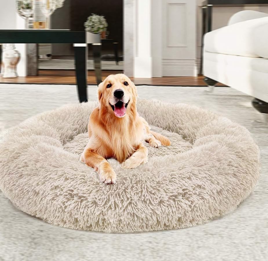 Yuly Warm Extra Large Donut Dog Bed - Calming Faux Fur Washable Self-Warming Round Plush Bed for Large Medium Dogs (120cm Beige)