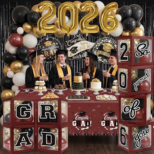 Image of Black and Maroon Graduation Decorations Class of 2026 - Graduation Balloon Boxes, Balloon Arch Garland Kit, Fringe Curtains, Party Decorations 2026 for Any Grades