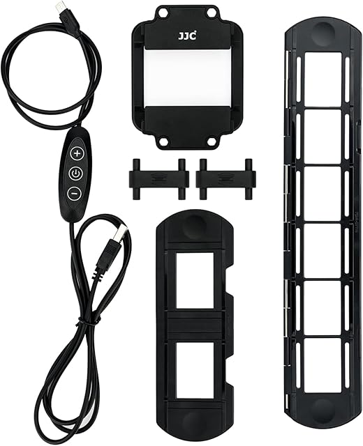 JJC Slide & Film Remake,With 1 x 35mm Slide Mount Holder, 1 Strip Film Holder and LED Light, 10 Levels 6500K LED Light Set for Negative Copying, Using Camera Restore Film to Digital Photos Film Viewer