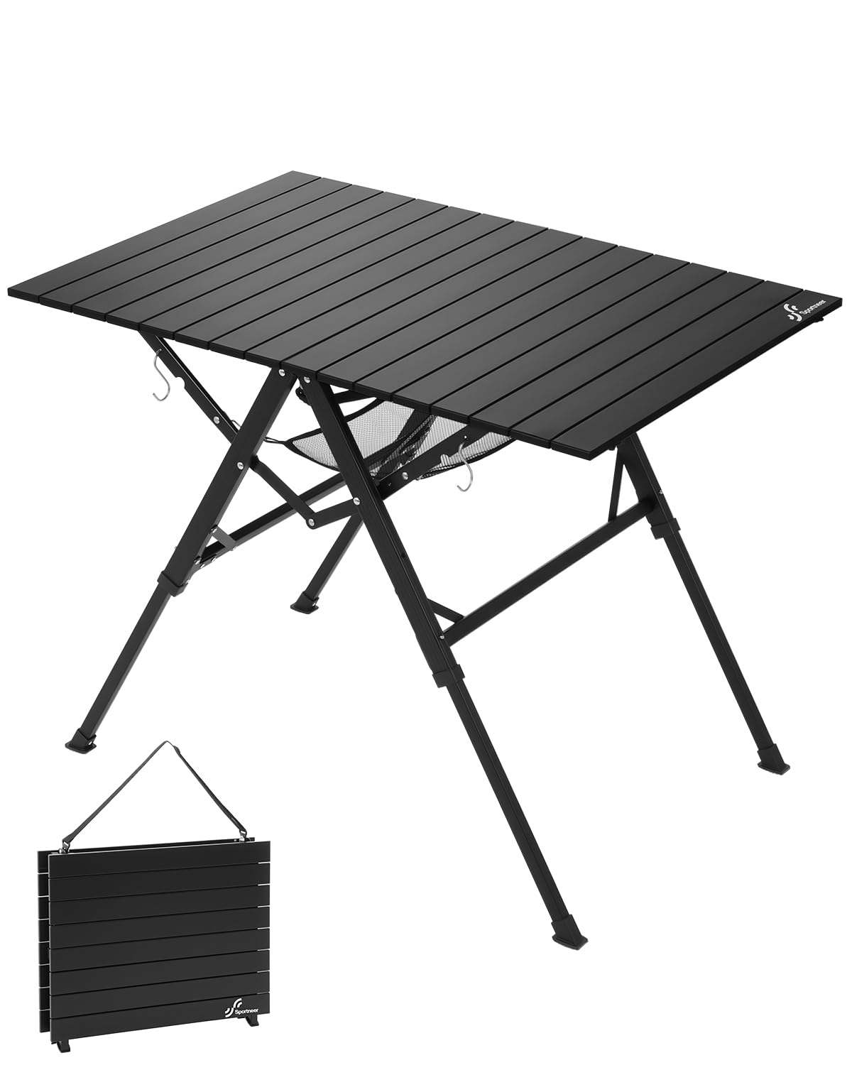 Sportneer Tavolo da campeggio pieghevole, pieghevole e portatile, con design ad apertura rapida, altezza regolabile da 41,9 a 70,1 cm, 89,9 x 59,9 cm, in alluminio leggero, con manico e tracolla per
