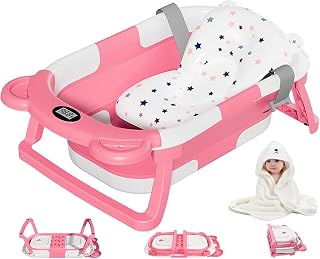 MoreFeel Collapsible Baby Bathtub Newborn to Toddler with Thermometer, Hooded Towel & Floating Cushion - Portable Foldable Tub