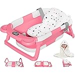 MoreFeel Collapsible Baby Bathtub for Newborn with Thermometer & 1 Hooded Towel & 1 Soft Floating Cushion,Portable Travel Bathtub with Drain Hole, Durable Foldable Baby Tubs for Infants to Toddler