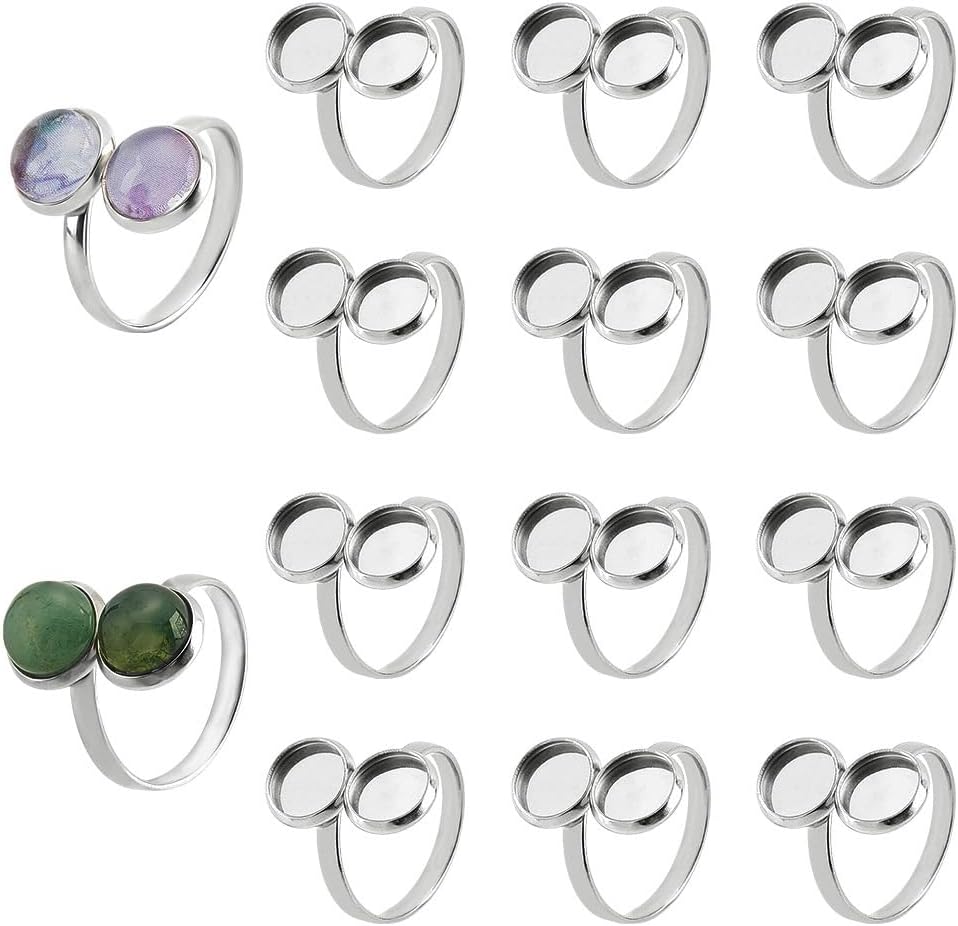 PH PandaHall 14pcs Finger Ring Blank Base, 17mm Adjustable Cuff Ring Settings Cabochon Base 304 Stainless Steel Flat Round Pad Findings Bezel Tray for Jewelry Making Supplies