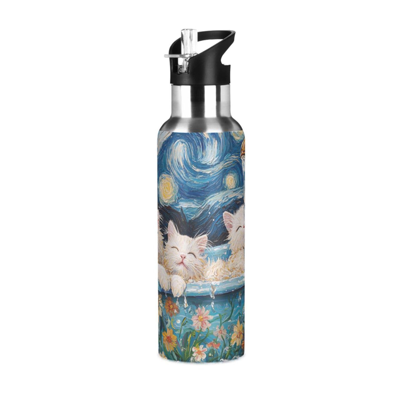 Sweet Selkirk Rex Cats Retro Bathtub Leakproof Gym Water Bottle with Straw Lid Hot & Cold Double Walled for Travel and Sports 32 OZ