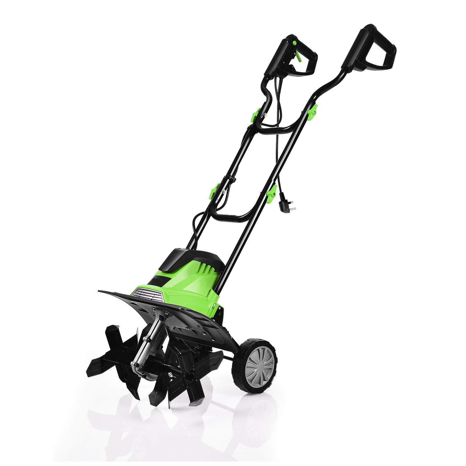 TANGZON Electric Tiller, 1200W/1500W Lawn Scarifier with 4/6 Tiller Blades, Adjustable Wheels and Foldable Handle, Mini Cultivator for Soil Loosening (35cm, Green)