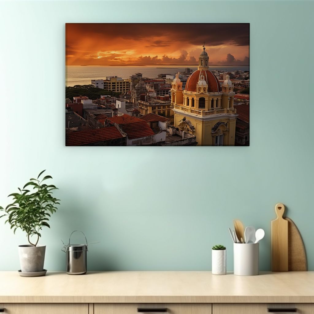 Canvas for Living room. Sunset Serenade over the City of Spires and Seas, 27 x 18 inch Canvas Wall Art - Ready to Hang - 69x46 cm (27x18 inch)
