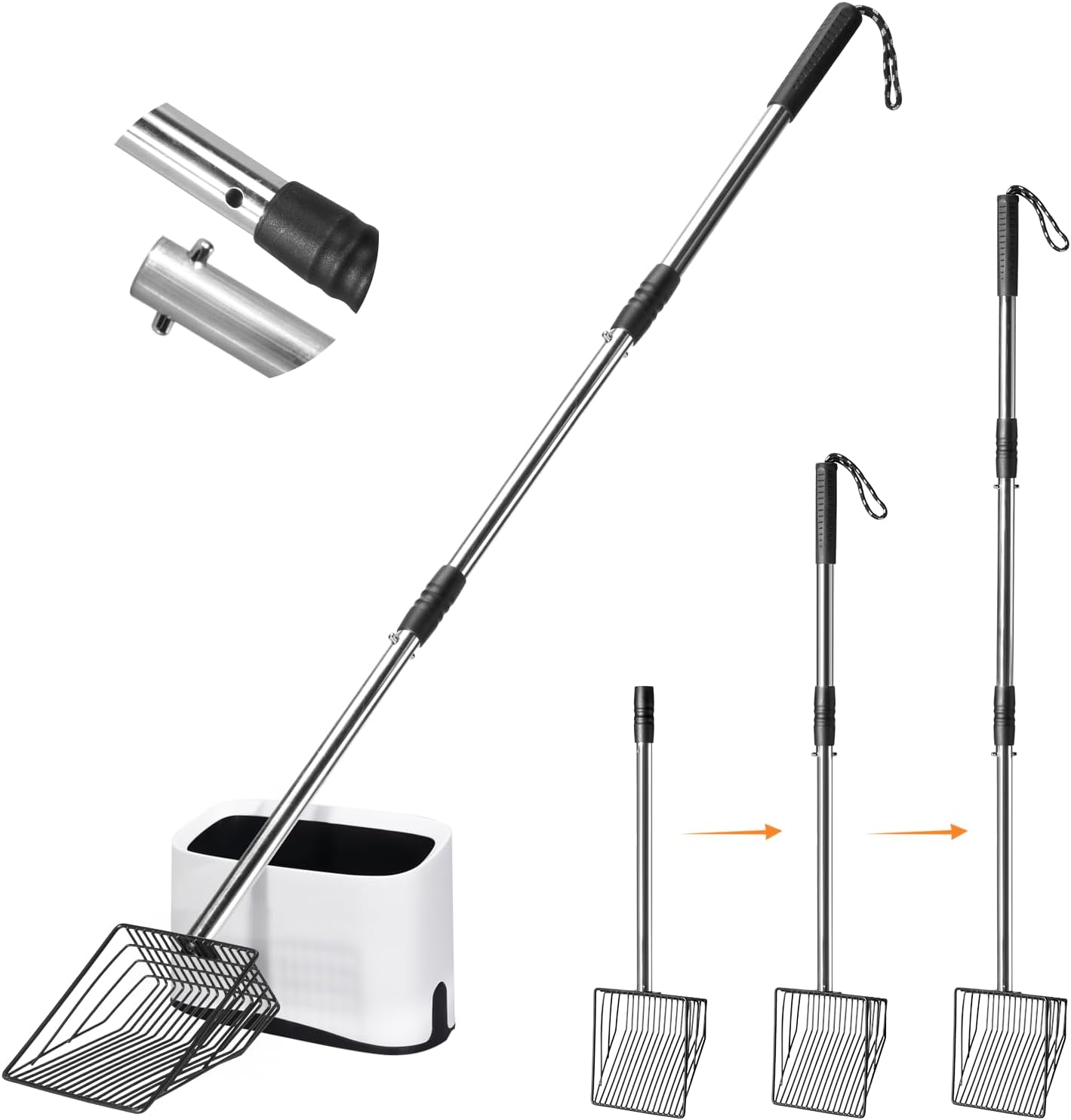 Cat Litter Scoop with Holder 43" Metal Litter Scooper with Stainless Steel Long Handle, Large Kitty Box Scooper Heavy Duty Deep Shovel for Fast Sifting, Dog Waste Scooops for Outside Pet Poop