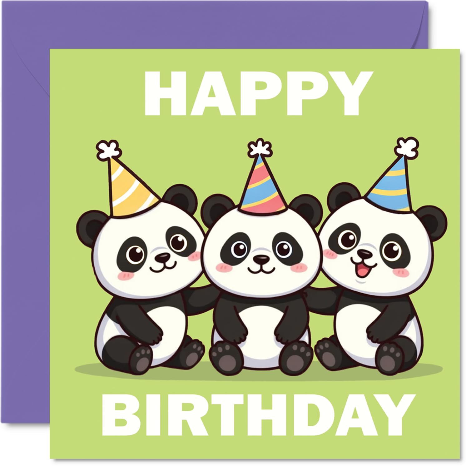 Cute Birthday Card - Party Pandas Bring Birthday Cheer - Trio of Adorable Bears in Colourful Hats - Sure to Brighten Their Special Day - 145mm Square, Envelope Included