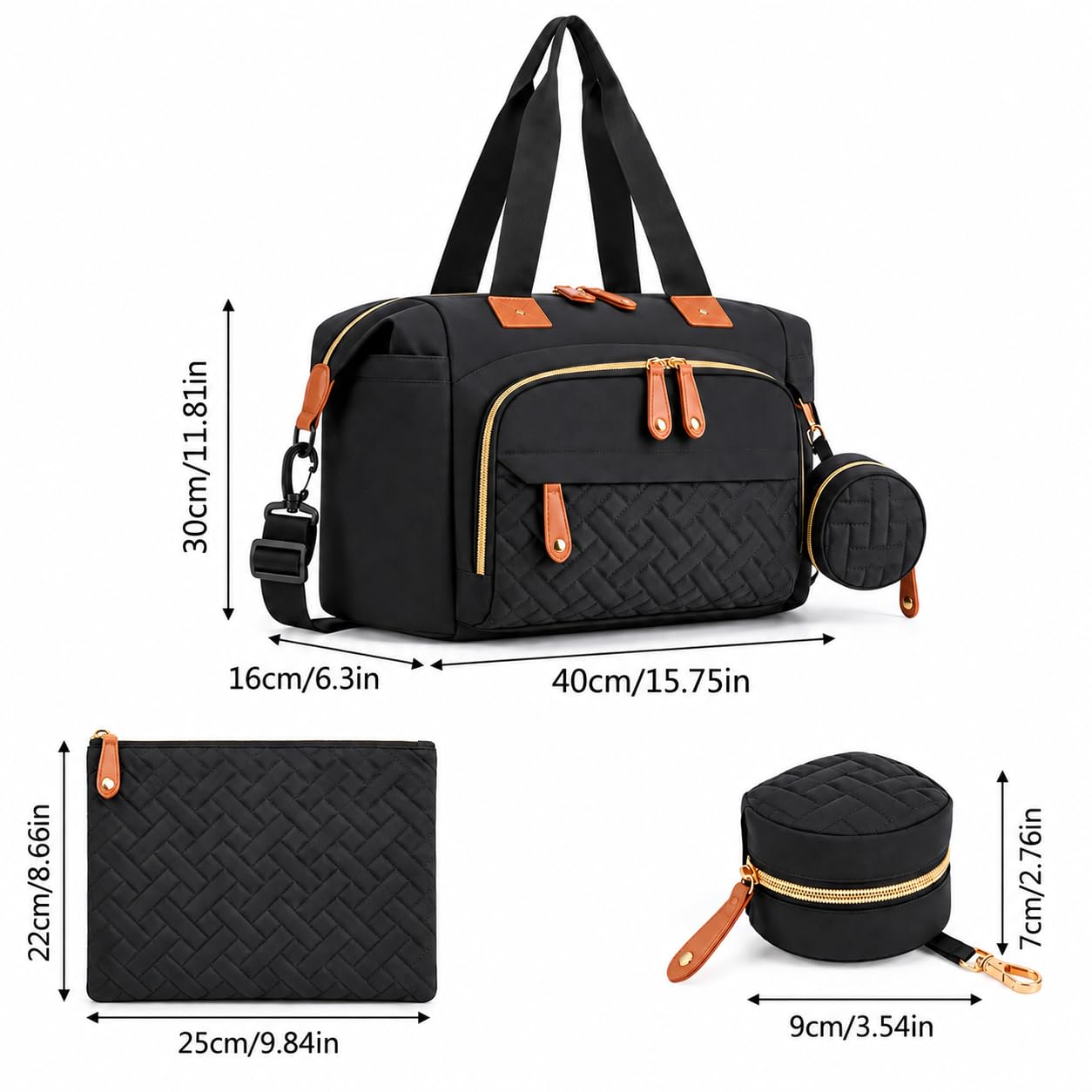Borsa per pannolini per bambini, grande capacità, impermeabile, portatile, con spallacci per passeggino, nero, isolata