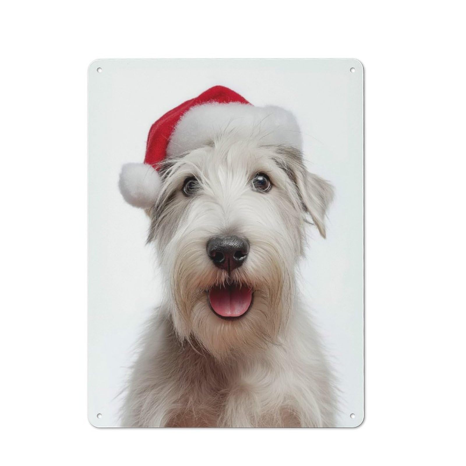 Junmoney Sealyham Terrier Dog With Santa Hat Portrait Metal Wall Sign With Design 40X30cm, Weathered Look Workshop Wall Decor For Garage, Hobby Room, Office Or Man Cave
