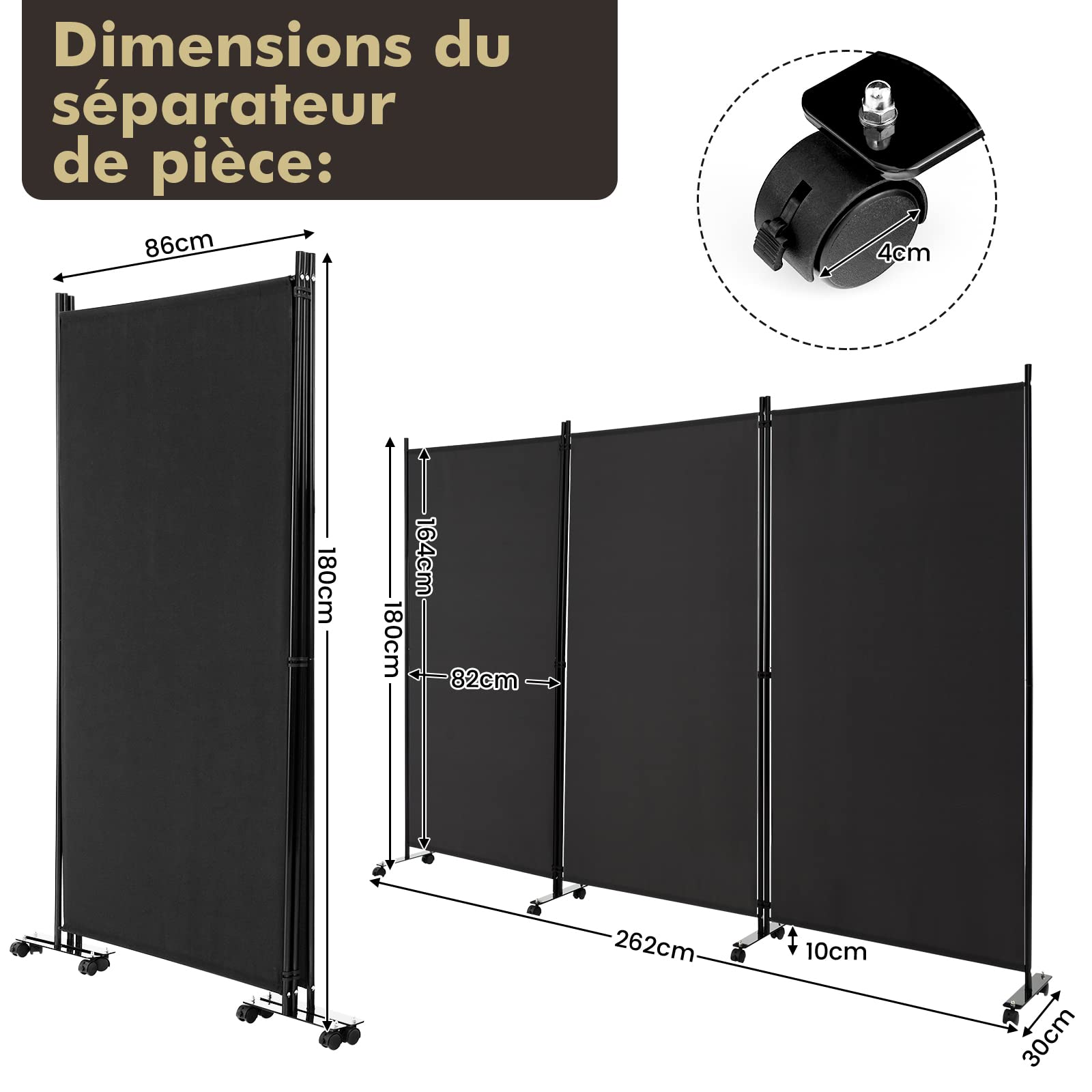 COSTWAY 262x180cm Paravent Intérieur 3 Panneaux à 8 roulettes, Cloison de Separation Interieur Pliable, Cadre en Metal, Tissu Polyester, Separateur de Pieces pour Salon Bureau Balcon (Noir)
