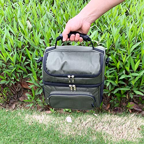 Flowfly Double Layer Cooler Insulated Lunch Bag Adult Lunch Box Large Tote Bag For Men, Women, With Adjustable Strap,Front Pocket And Dual Large Mesh Side Pockets,Army Green #TOP7