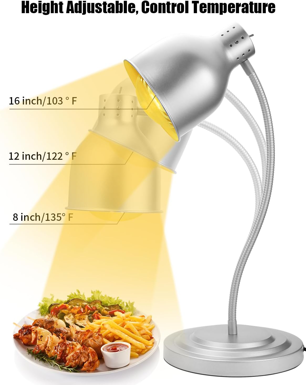 Heat Lamp for Food, Upgrade 250W Bulb x 2 - Each Lasting Over 4000 Hours, Food Heat Lamp with Flexible Arm, Catering Food Warmers for Buffet, Parties, Fast Food, Bakery (Silver)