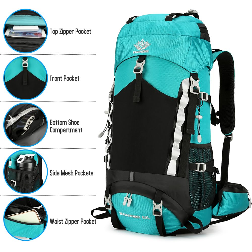 Jemora Sac à dos de randonnée étanche 60L, sac de jour de voyage de Camping avec housse de pluie pour Camping randonnée voyage