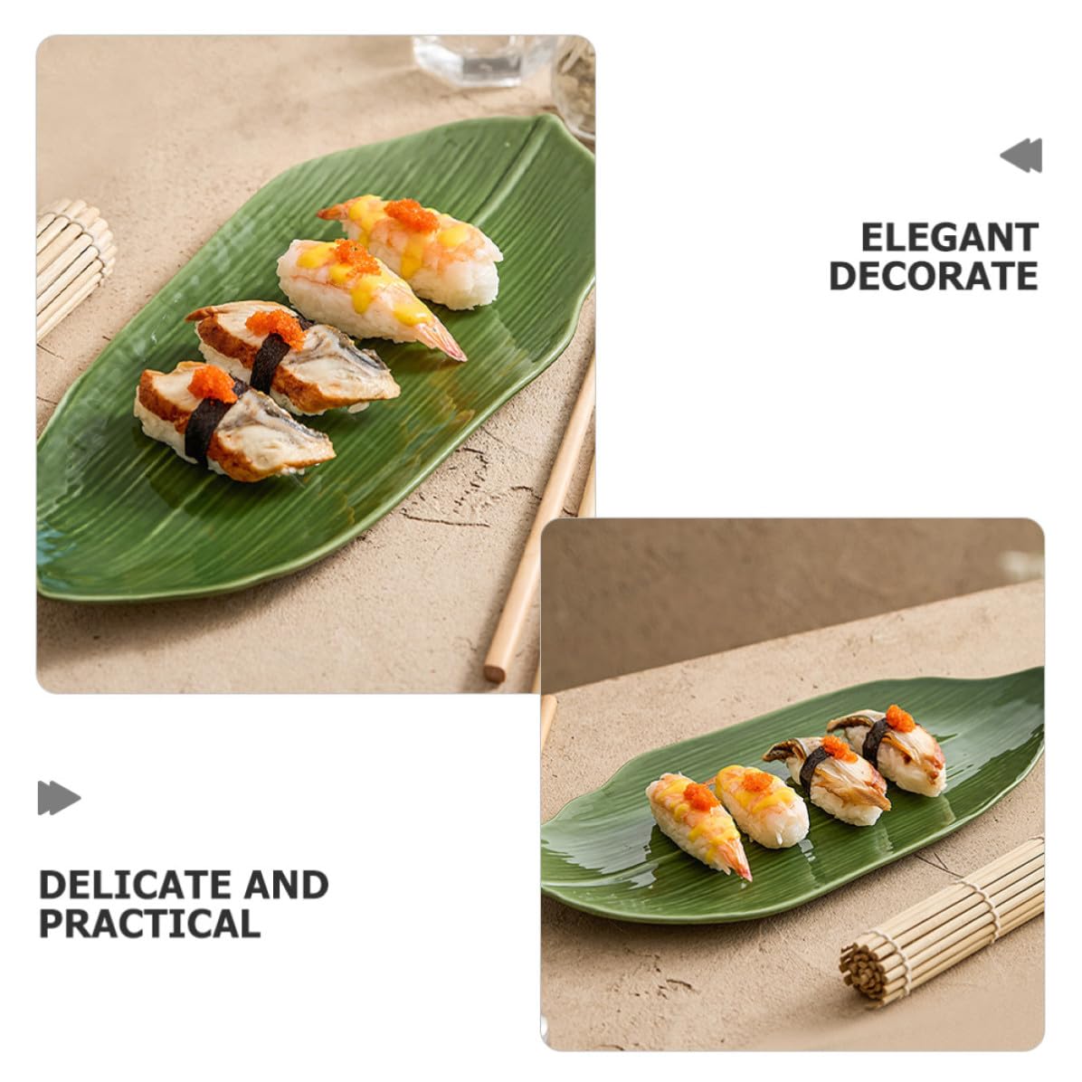 Assiette à Sushi Facile à Nettoyer Forme Feuille Naturelle en Céramique Verte 37cm pour Service Alimentaire Restaurants et Hôtels