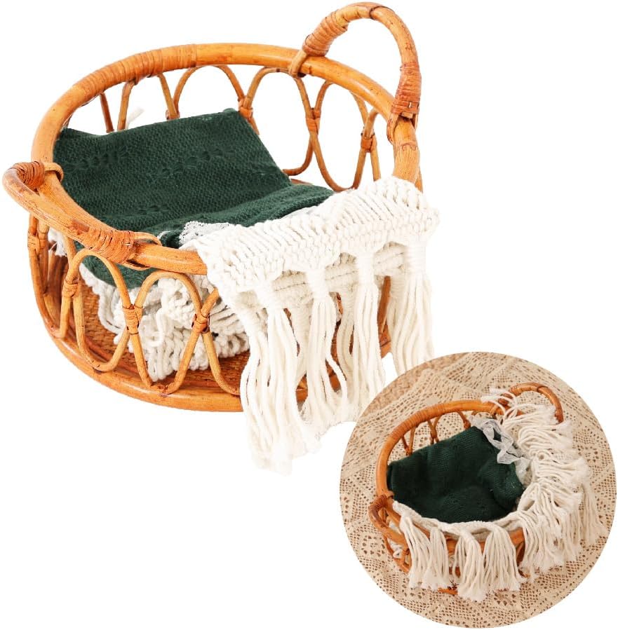 Kate Newborn Photography Props Rattan Circular Basket Handcrafted Bed Mini Doll Bed with Boho Woven Blanket and Stretch Wrap for Baby Photography Posing Props Photoshoot