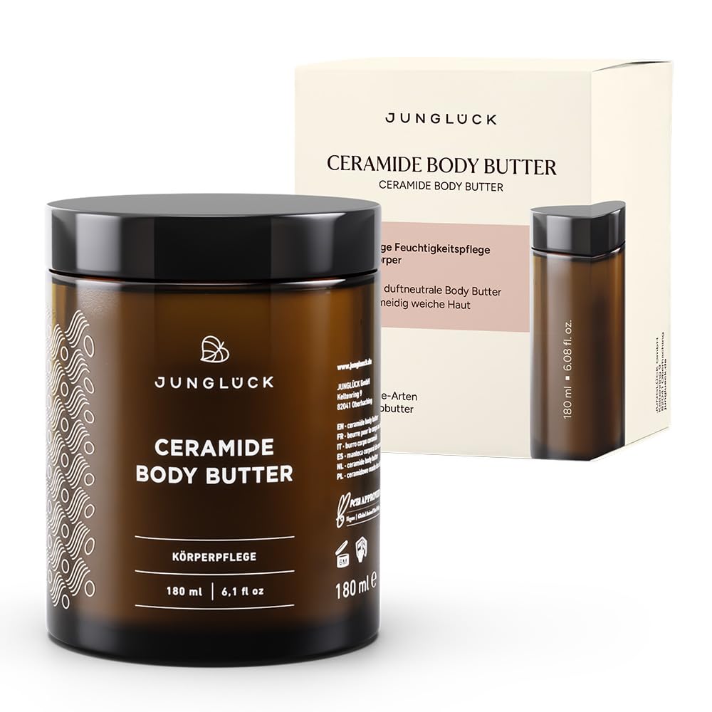JUNGLÜCK Ceramide Body Butter - Vegan | Nährende Körperpflege schützt trockene, empfindliche und zu Neurodermitis neigende Haut - duftneutrale Body Butter mit 5 Ceramiden und BIO Mangobutter