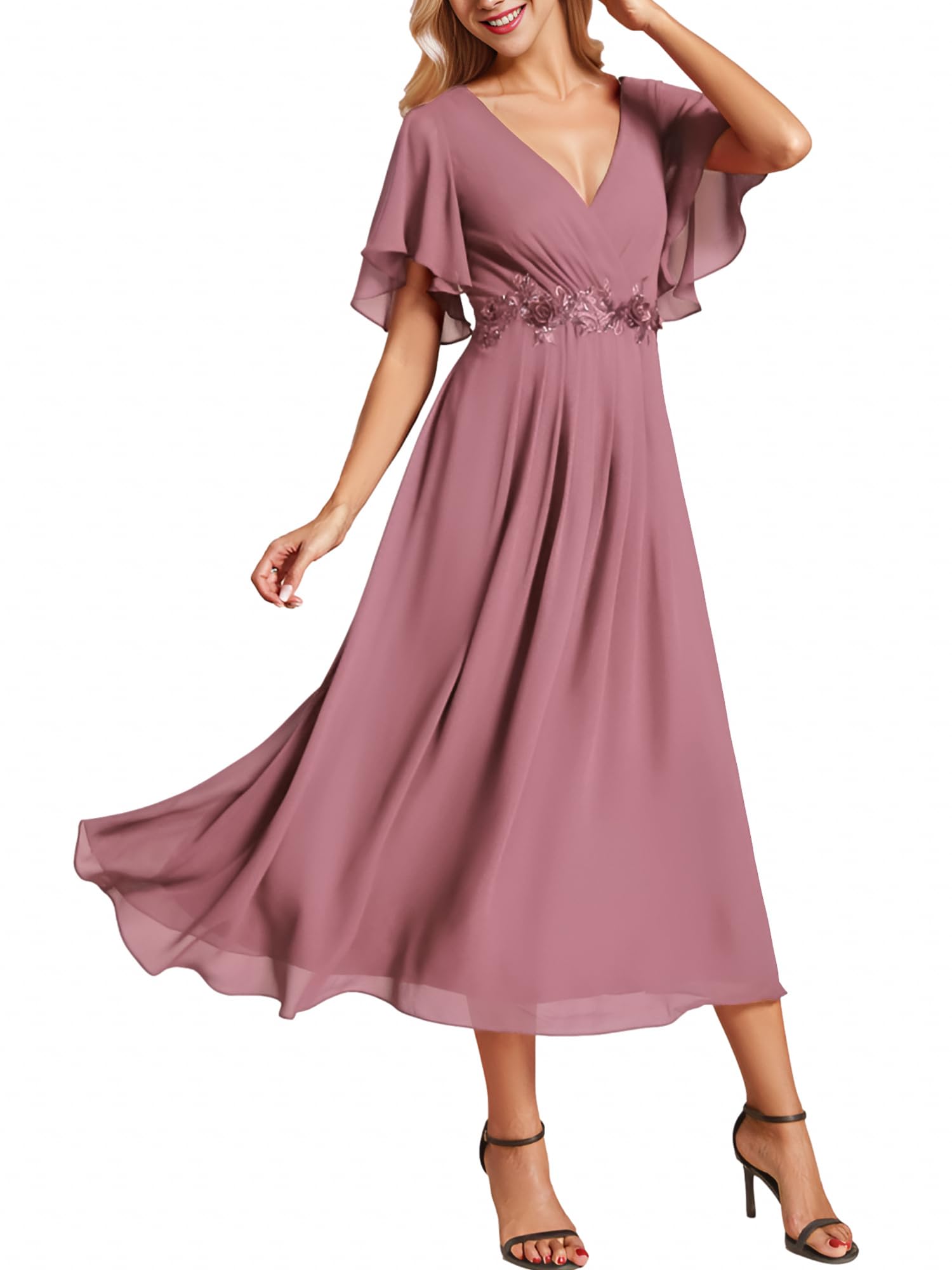 Ever-Pretty Women's V Neck Chiffon Applique A-Line Elastic Maxi Cocktail Wedding Guest Dress Vestidos Elegante 02093