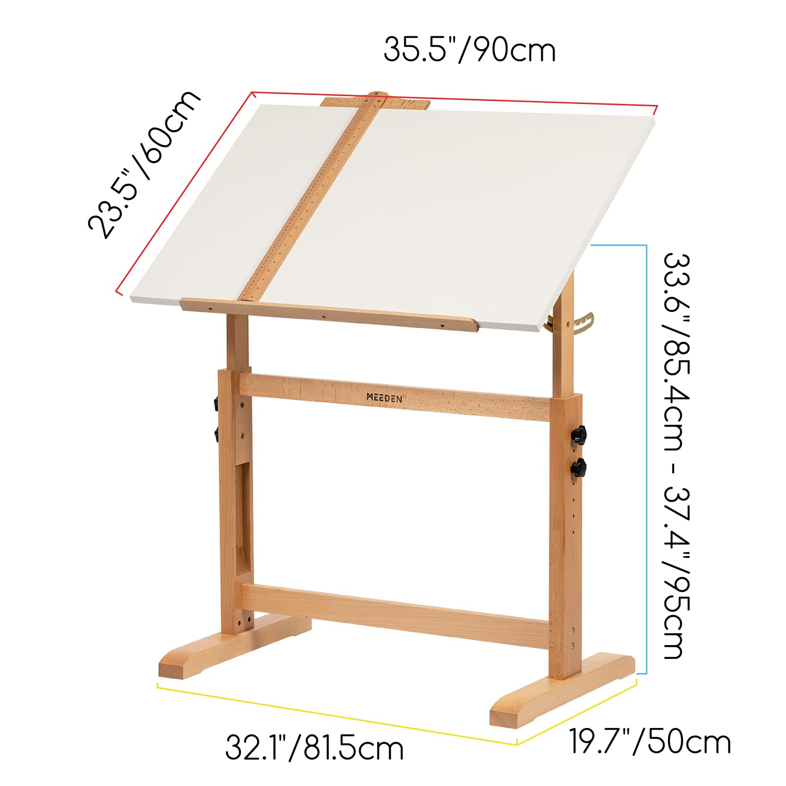 MEEDEN Whiteboard Holz Zeichentisch: 90 x 60 cm Künstlertisch, Massiver Schreibtisch für Kunst und Handwerk, Großer Neigbarer Tisch für Erwachsene, Künstler, Schreiben und Arbeiten