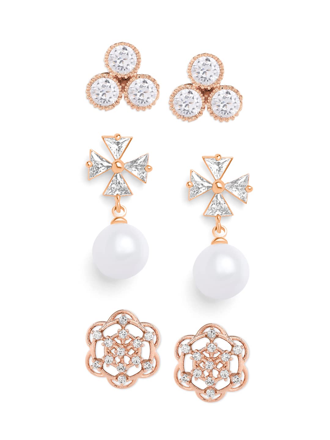 Zaveri Pearls Set of 3 Rose Gold Cubic Zirconia Contemporary Stud Earrings For Women-ZPFK13444 (B09XHP9SX1) Amazon Price History, Amazon Price Tracker