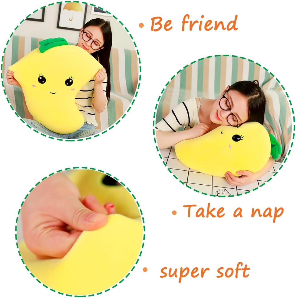 BABOLI Cuddly Mango Plush Toy Pillow Adorable Soft Fruit Stuffed Animal with Smile Face and Cute Expression Pretty Sweet Gifts for Kids Boys and Girls Present for Birthday or Party 17.7 Inches