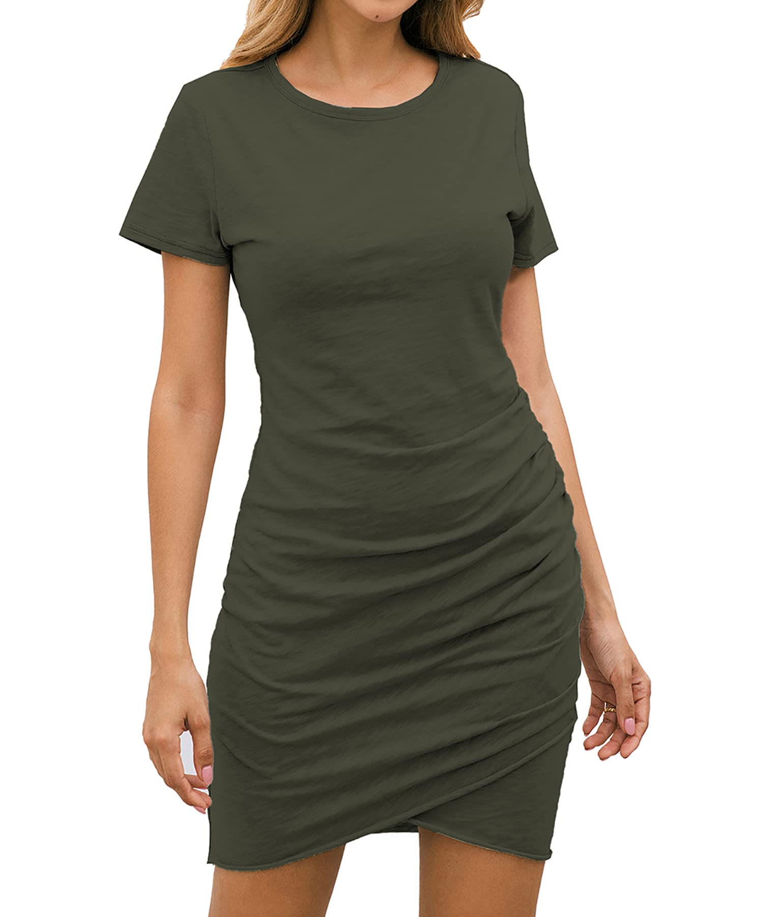 BTFBM Women's 2021 Casual Crew Neck Short Sleeve Ruched Stretchy Bodycon T Shirt Short Mini Dress (Solid Color Army Green, Small)