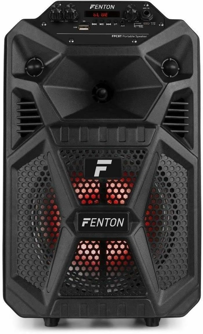 Fenton FPC8T – Altavoz Karaoke portátil 100W con batería Bluetooth 5.0 USB SD AUX micrófono Incluido Efectos Eco y Voz Luces LED Ruedas y asa telescópica Karaoke para Adultos y niños Fiestas