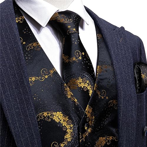 Black 5 Piece Designer Men Wedding Suit Vest Gold Floral Jacquard Floral Silk Vest Tie Brooch Vest Set Groom3