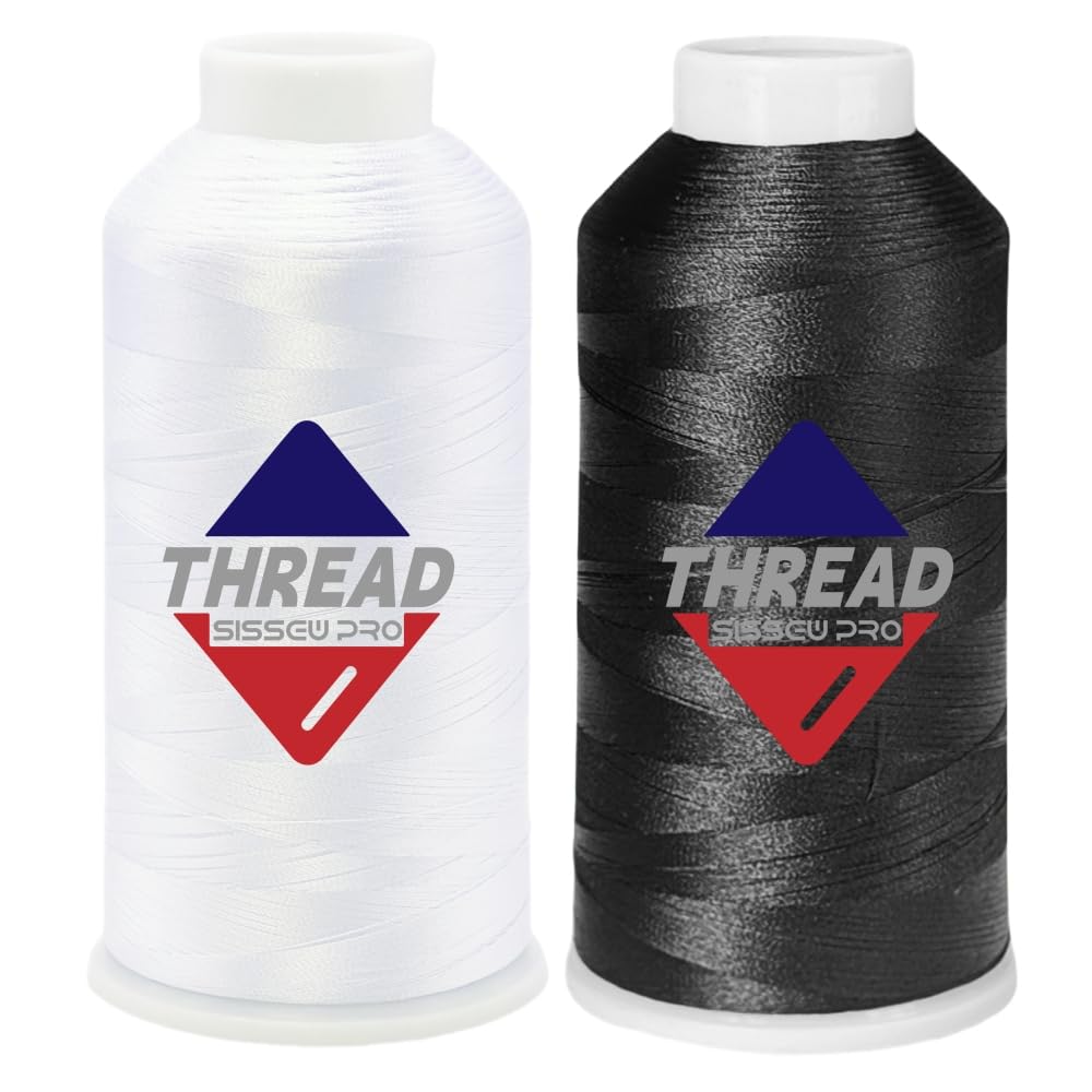 SissewPro 40WT Machine Embroidery Thread 2 Huge Spool (5,000M Each 10,000M Total) – White &amp; Black Polyester Embroidery Machine Thread 120D/2 for Commercial &amp; Home Machines