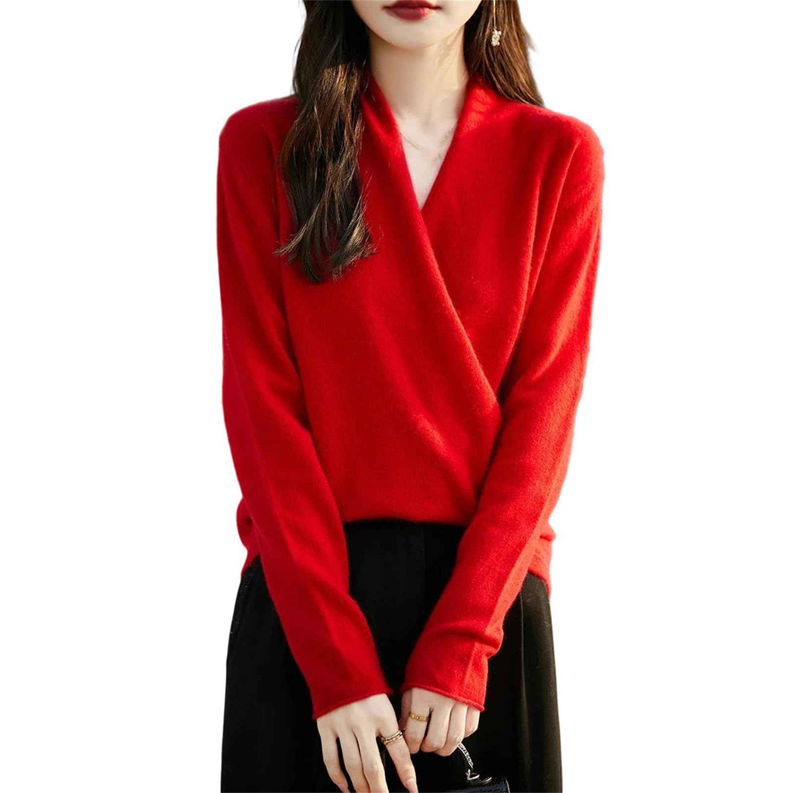 Womens V-Neck Knit Pullover 100 Percent Merino Wool Cashmere Blend Sweater Thick Warm Long Sleeve Winter Loose Top