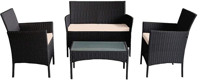 Buyer Empire 4 Piece Rattan Garden Furniture, Table and Chairs Garden Furniture Set, COMFORTABLE Sun Loungers Set with Glass Table and Cushions Garden, Outdoor/Indoor, Pool Side, Balcony (Black)