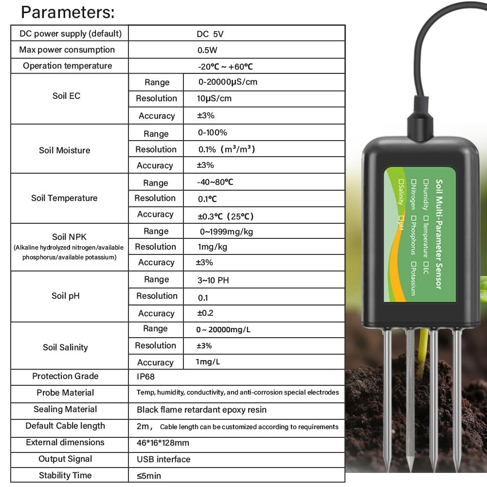 Probador de suelo USB, medidor de humedad del suelo, sensor NPK pH EC 8 en 1 para Android Hongmeng, sonda impermeable IP68 para jardín y granja