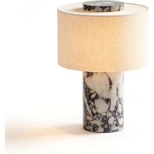 Rechargeable Touch Marble Table Lamp, Cylindrical Natural Stone Night Light with Linen Cloth Shade, High-End Luxury Bedside Lamp for Bedroom Office Calacatta Viola Marble
