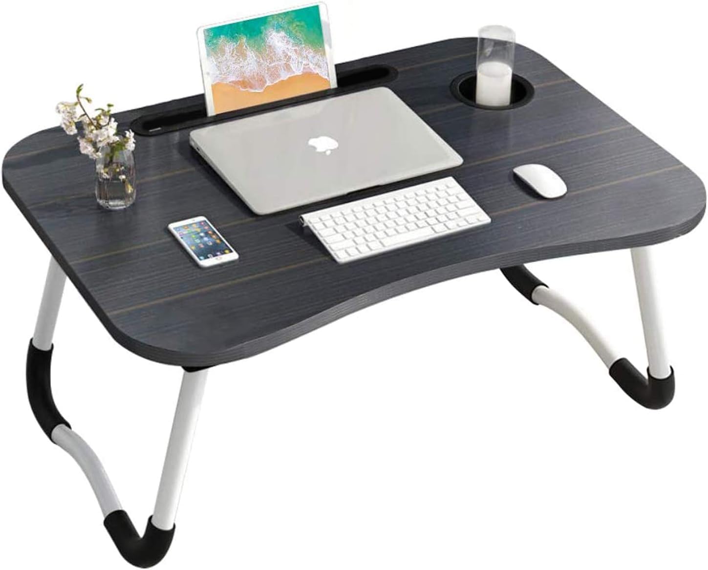 YU WELLPortable Folding Laptop Desk for Bed and Sofa with iPad and Coffee Cup Holder (24 x 16 x 10.5 inch, Black)