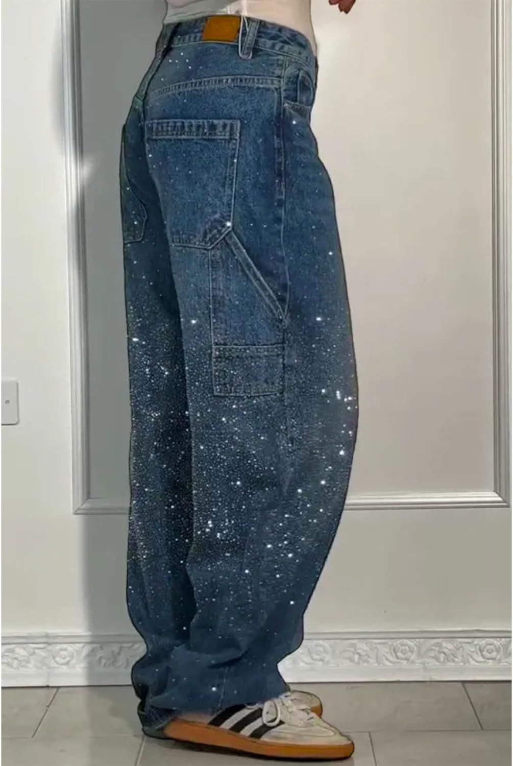 High Waisted Baggy Jeans for Women Rhinestone Diamond Straight Loose Jeans Fashion Vintage Boyfriend Denim Pants - Image 3