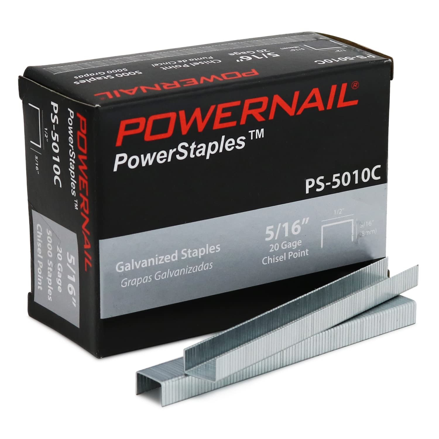 PowernailPS5010C 20 Gauge 1/2 Inch Crown 5/16 Inch Length Chisel Point Collated Galvanized Staples (Box of 5000)