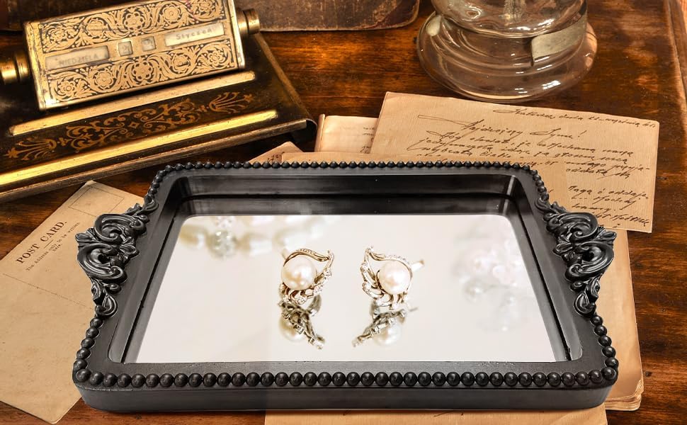 Vintage Black Tray with Mirror Glass Base | Card Holder for Guests During Occasions and Events or Decorative Home and Vanity Organizer - Image 5