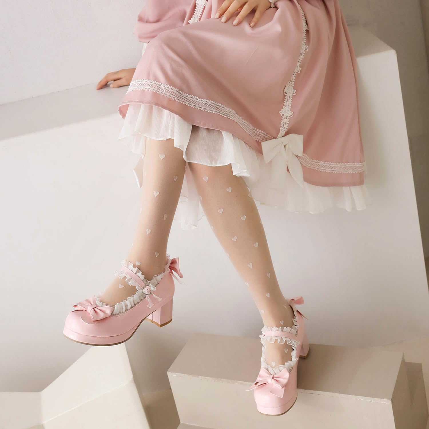 Women's Kawaii Platform Mary Jane Patent Shoes Chunky Heel Ankle Strap Pumps Cute Closed Round Toe Strappy Bow Lace Party Dress Goth Shoes