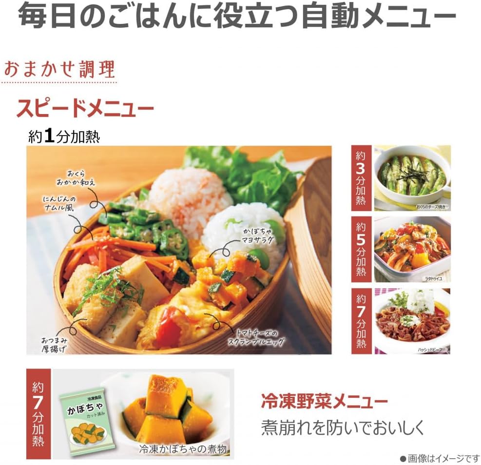 Various heating functions: fluffy bread, custom temperature heating (-10°C to 90°C), crispy heating for croquettes, and steam heating for shumai.