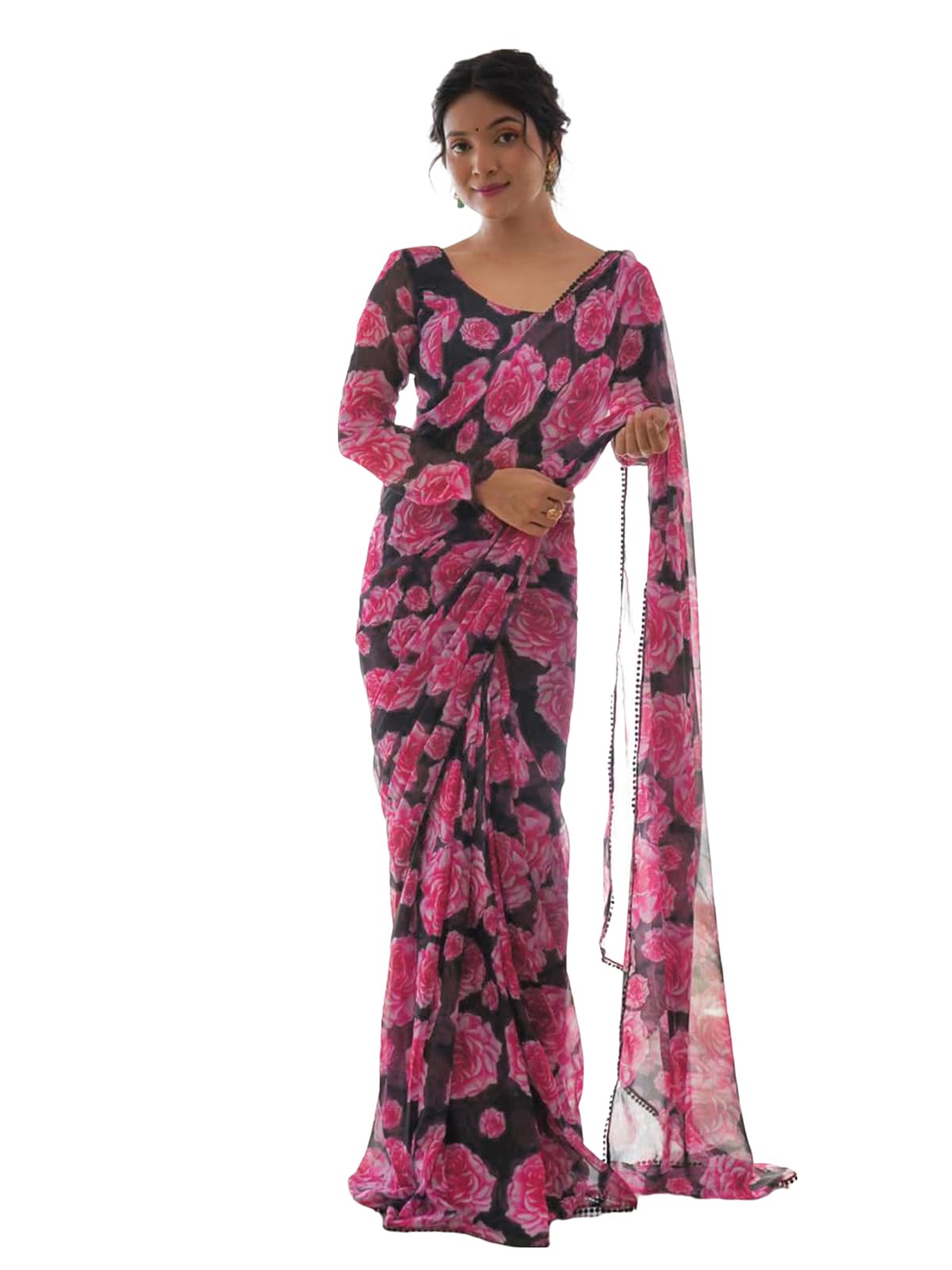 SIRIL Women's Georgette Floral Printed Ready to Wear One Minute Pre Pleated Saree With Unstitched Blouse Piece