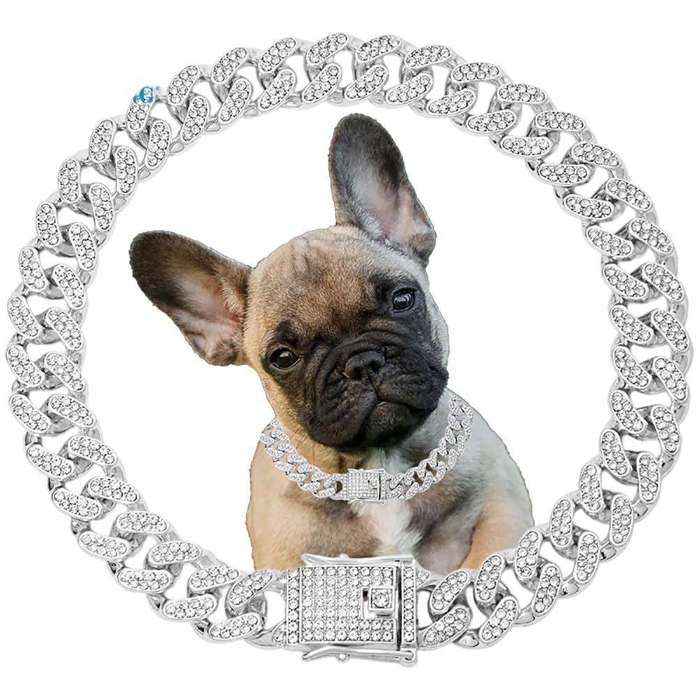 Sliver Cat Chain Collar, Glitter Rhinestone Sparkly Diamond Metal Bling Necklace Cuban Link Puppy Collars for Small Medium Large Pet Dogs Cats, 10