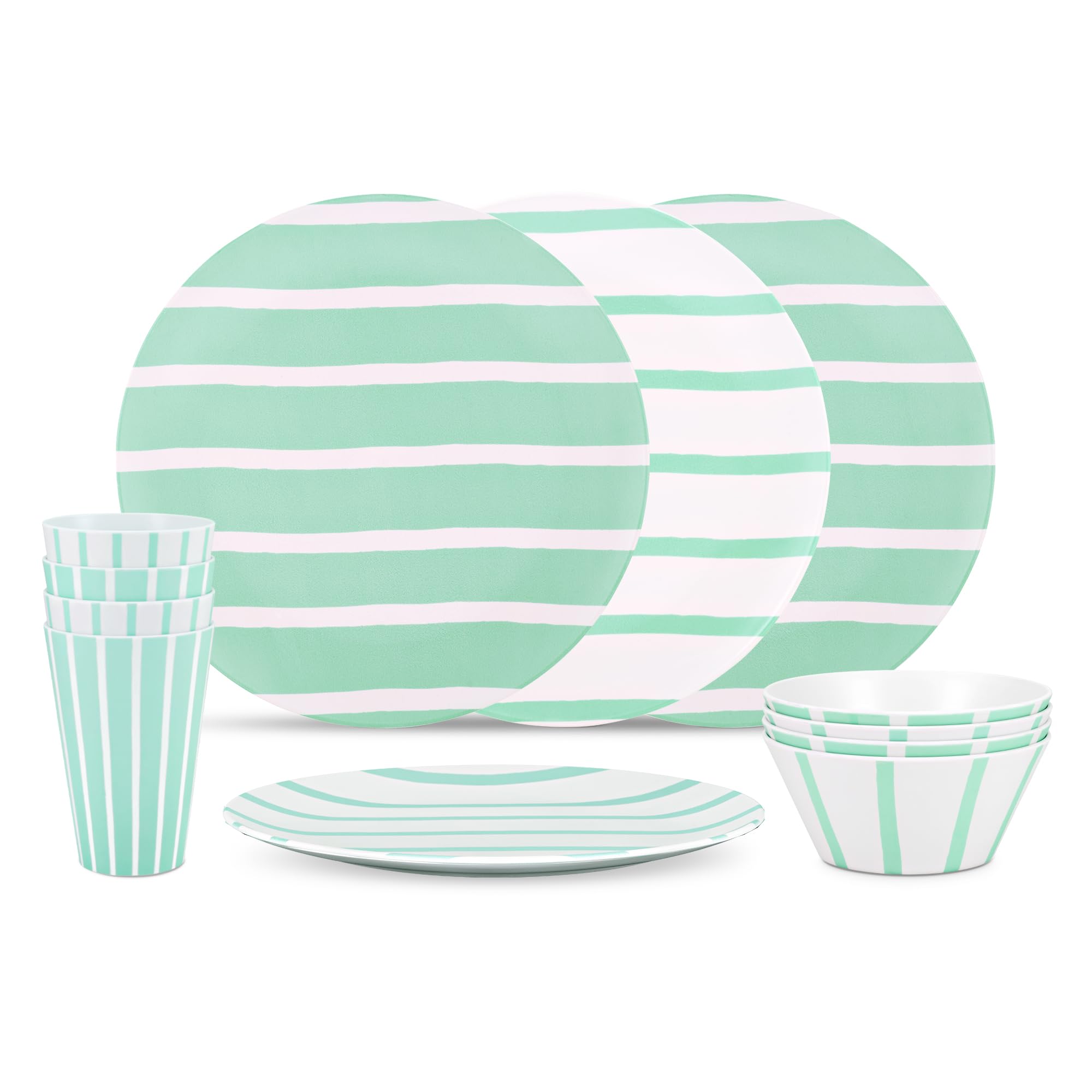 Thurlestone 12 Pcs Durable Camping/Picnic Dinner Set, Green Striped 4 Pack of Plates, Bowls, Tumblers, BPA Free, Recycled and Recyclable Material