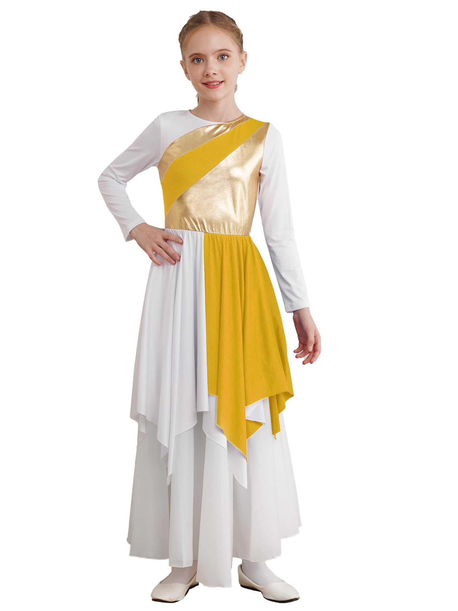 Shinsto Kids Girls Metallic Gold Color Block Long Sleeve Praise Dance Dress Worship Robe Liturgical Lyrical Costume