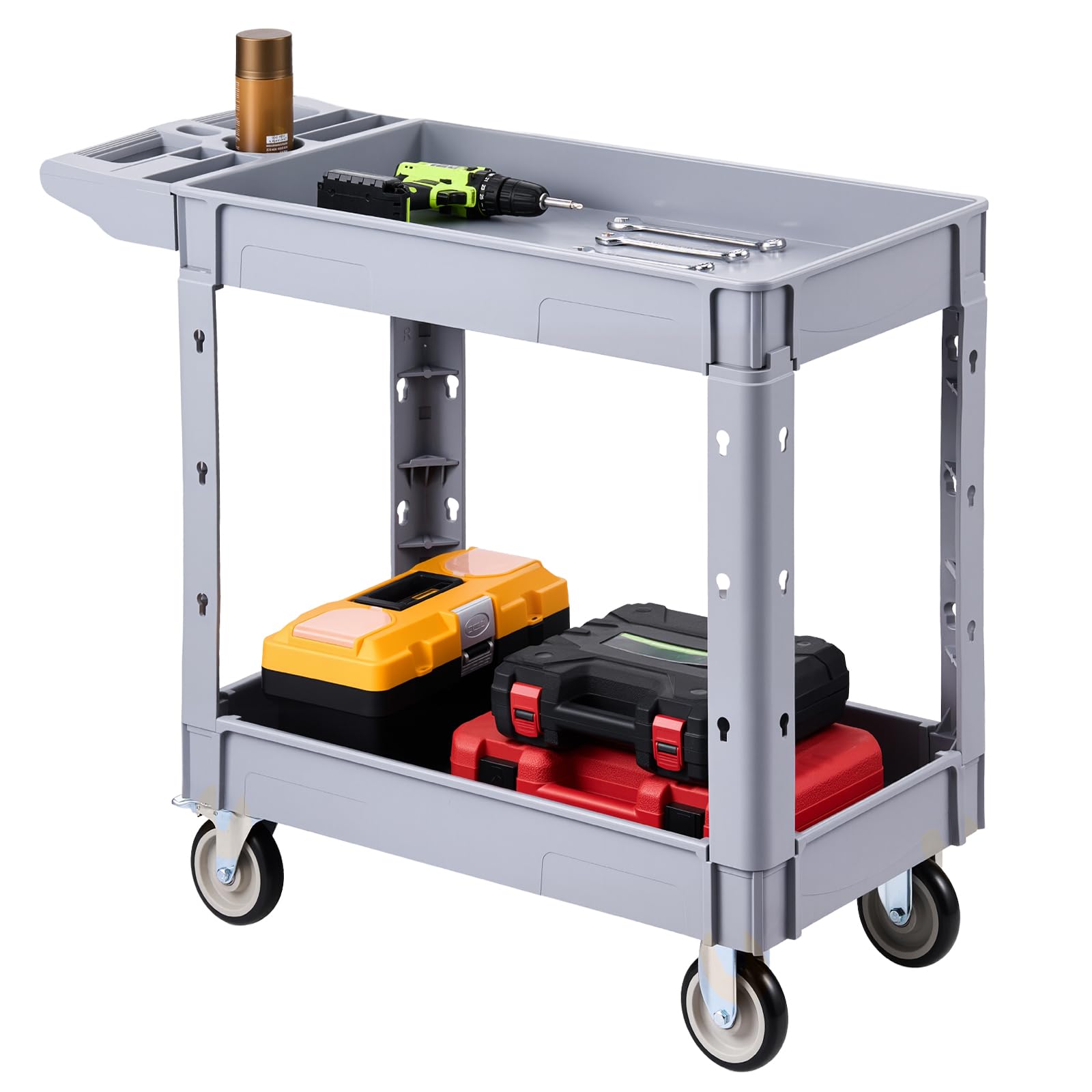 VEVOR Carrello di Servizio Portata 250 kg 2 Ripiani Ruote Girevoli a 360°, Carrello da Officina, 2 Ruote con Freno, Struttura in Plastica Resistente con Vassoio Comodo, per Garage e Magazzino, Grigio